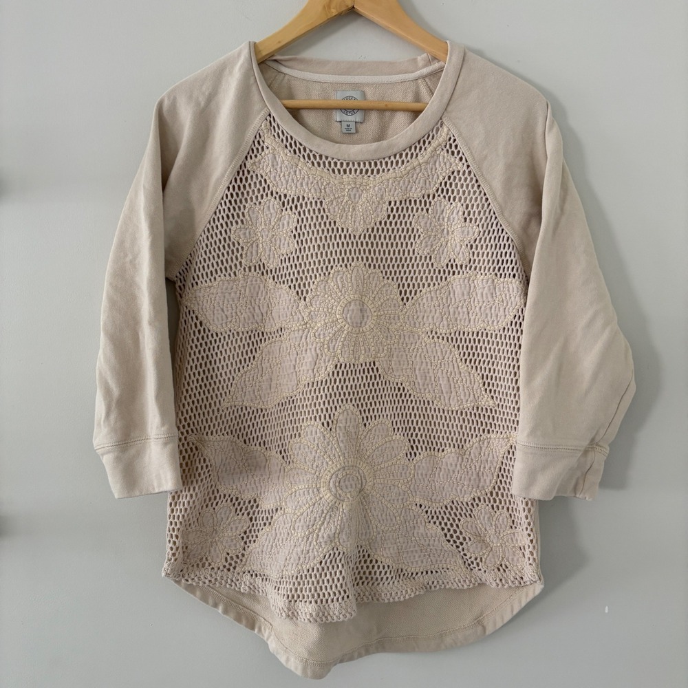 Lucky Lotus Embroidered Floral Crochet‎ 3/4 Sleeve Top - Women's